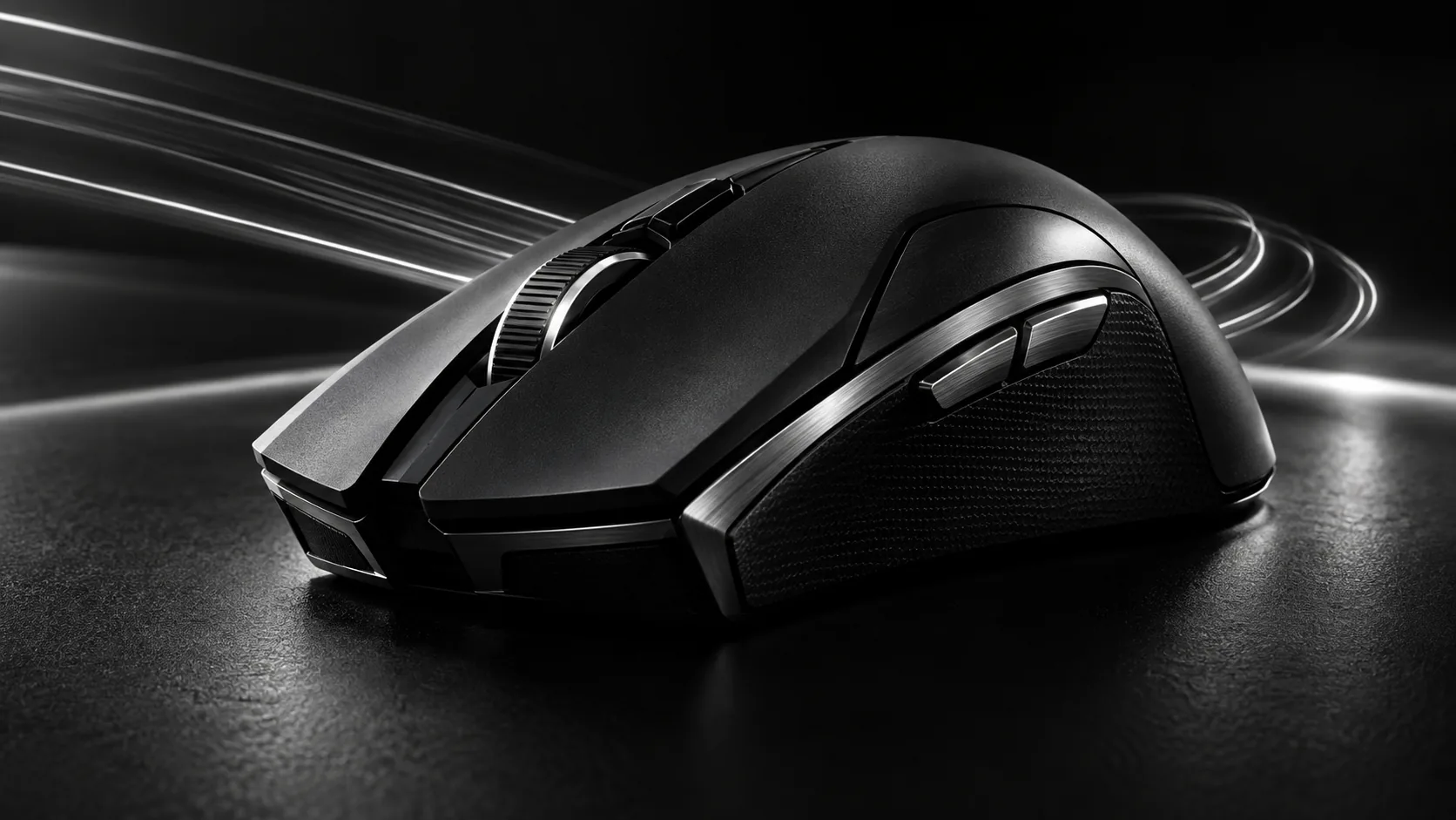Black gaming mouse with flowing light trails
